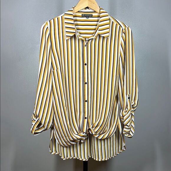 Adrianna Papell Yellow Gold Button Down Shirt with Notched Collar - Picture 2 of 7